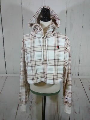 Vintage Champion Reverse Weave Hoodie Womens M Plaid Cropped Oversized Boxy  Y2K