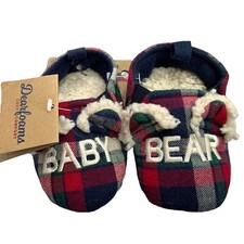 Dear Foams Size 5/6 Baby Bear Slippers Plaid Read Green Fur Fur Slip On Shoe