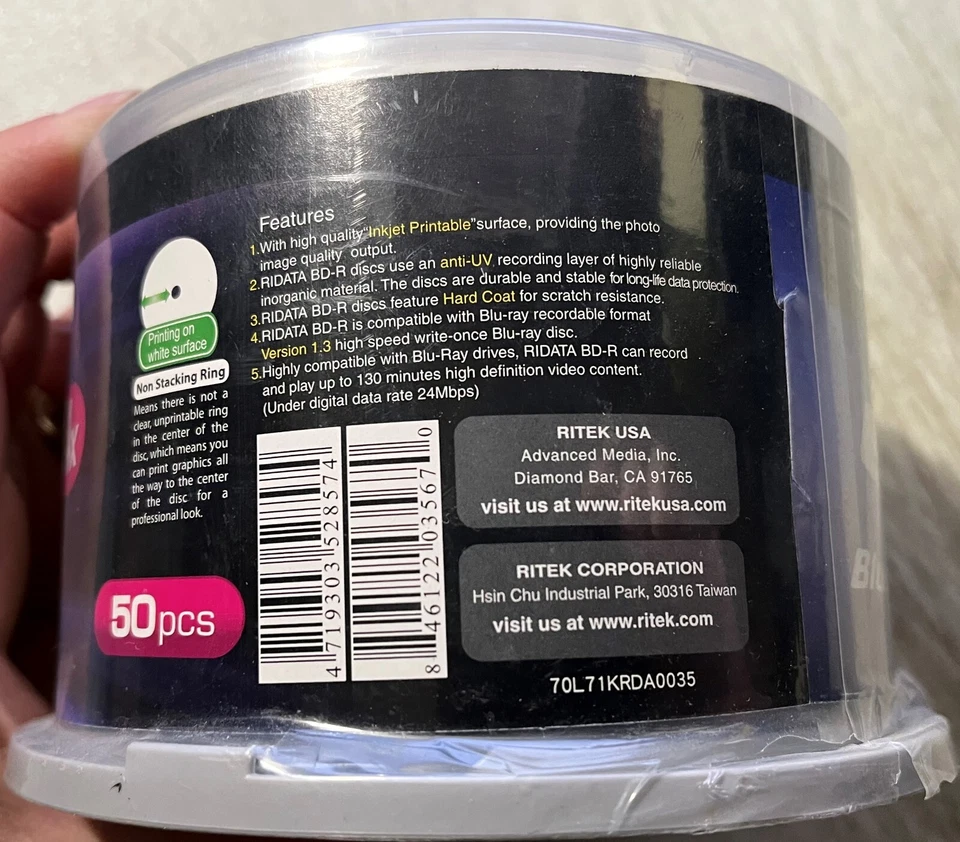 50 Ritek Ridata Blu-Ray (BD-R) White Inkjet Hub Printable 4X BD-R Media 25GB NEW - Image 3 of 3