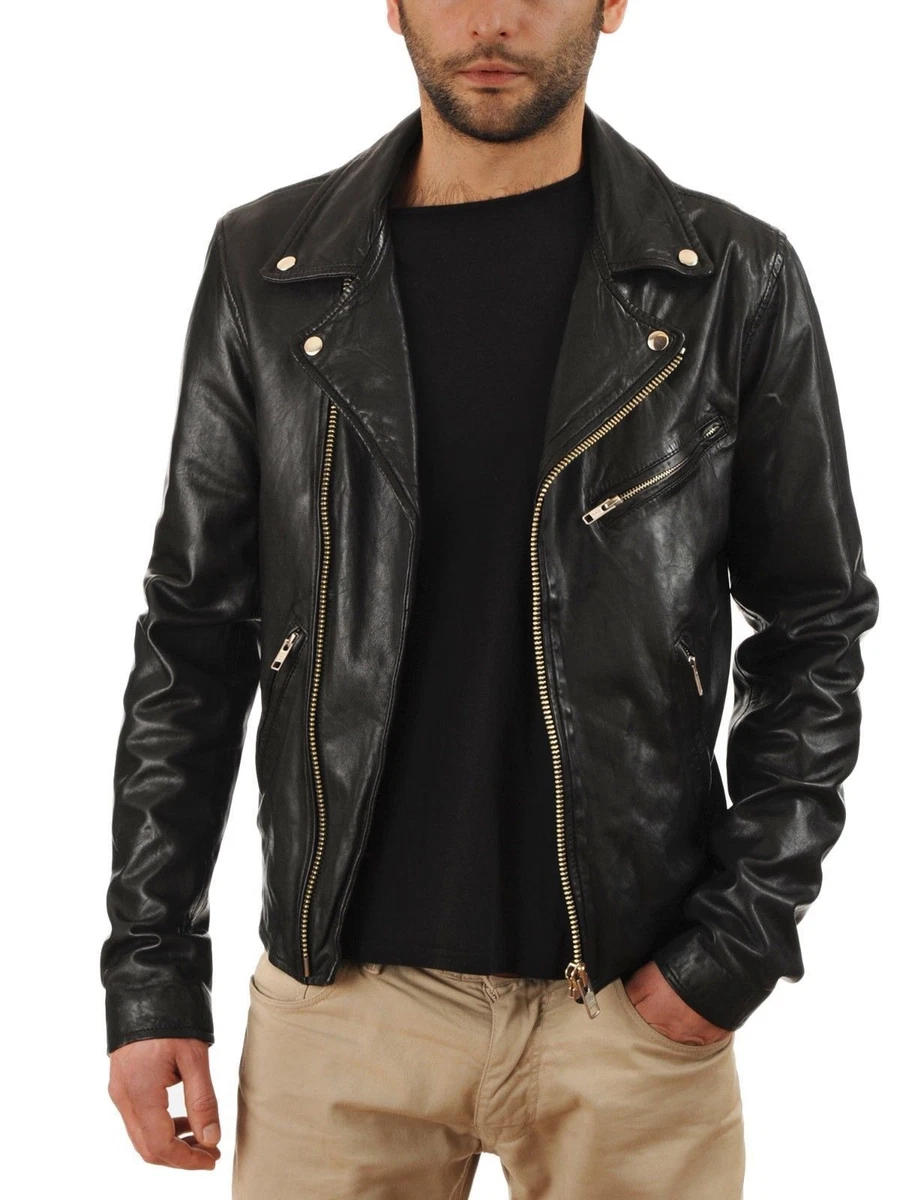 New Men's Leather Jacket Black Slim fit Motorcycle Real lambskin jacket #816  | eBay