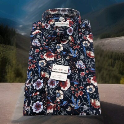 Marvelis Langarm Hemd Gr . M 40 Kentkragen Blau Floral Comfort Fit Art. 70882435