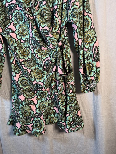 Topshop Women's Floral Ruffle V Neck Mini Wrap Dress Size 8 US Turquoise Pink - Picture 2 of 18