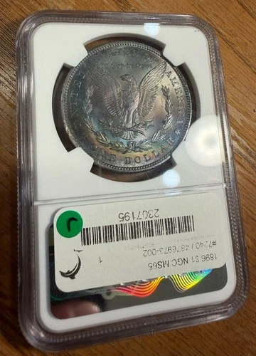 1896 Silver Morgan Dollar MS65 PCGS / Dark Blue/Purple Rainbow Toning Reverse￼