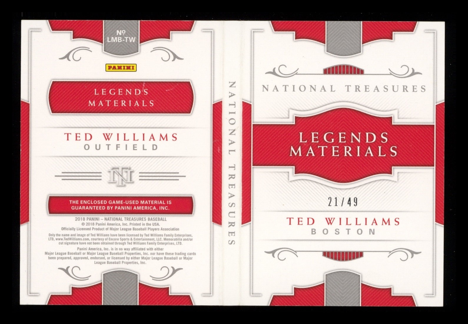 2018 National Treasures: Ted Williams Cut Sig Relic Booklet 1/1 NM-MT OR BETTER view 2