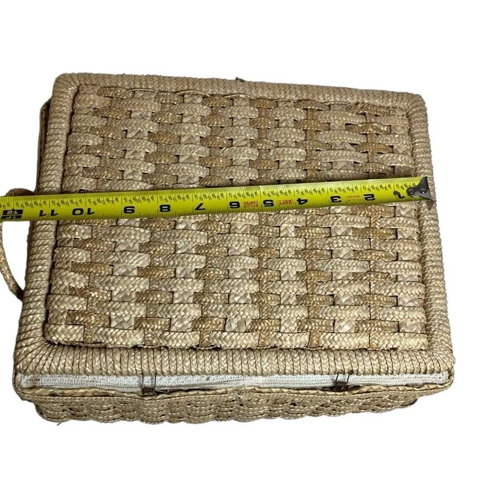 Basket Rectangular Rattan Brown Woven Lid Handle on Side Minimalist Boho - Image 4 of 4