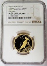 2007 GOLD 257 MINTED PLATYPUS DISCOVER AUSTRALIA $50 1/2oz NGC PF 70 ULTRA CAMEO 5700.00 per troy oz