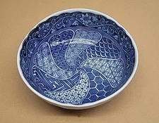 Traditional Japanese Mino Ware Bowl Blue & White Ceramic Signed– Great Condition