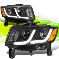 LED DRL Projector Headlight Lamps for Jeep Grand Cherokee 14-16 Black Amber Pair