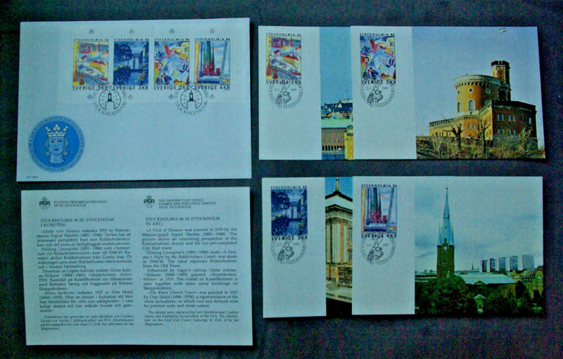 Sweden Stamps . 1986 . 1st Day Cover . (4) Max. Cards . Stockholm Art .. Booklet