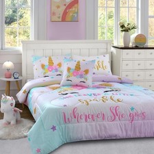 Twin Size Comforter Set for Girls, 6-Piece Bed in a Bag, 3D Colorful Unicorn