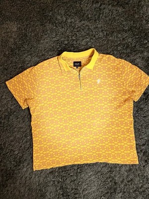HUF Yellow Brown Geometric Short Sleeve 1/4 Zip Collared Polo Shirt Men's L