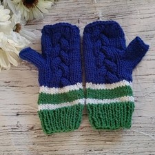 Hand-Knit Blue and Green Fingerless Mittens Vancouver Canucks Seattle Seahawk