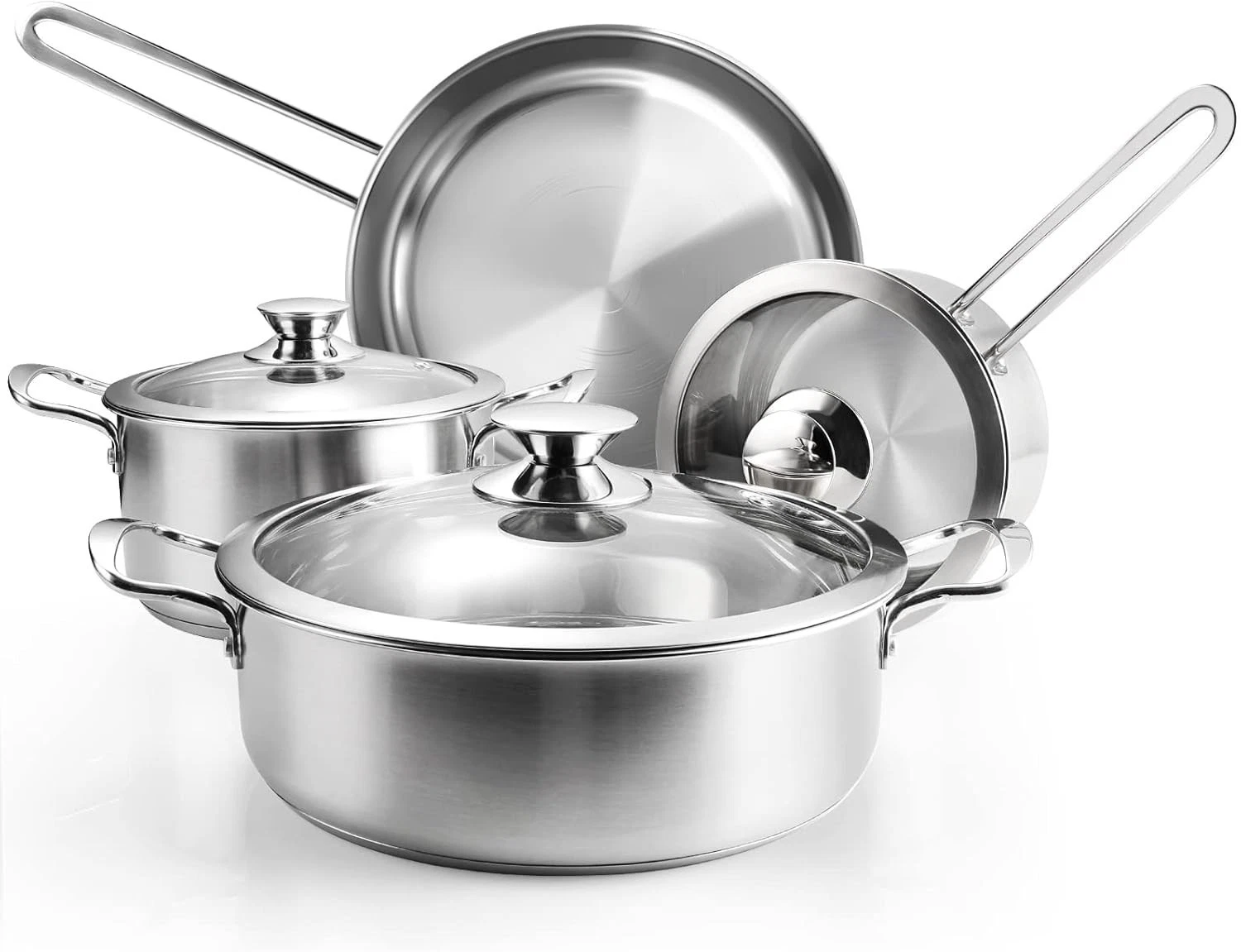 Stainless Steel Pots & Pans Set 7-Piece Kitchen Cookware Sets W/ Glass Lids