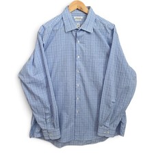 Van Heusen Dress Shirt Mens 17.5 34/35 Blue Plaid Button Up Regular Fit Career