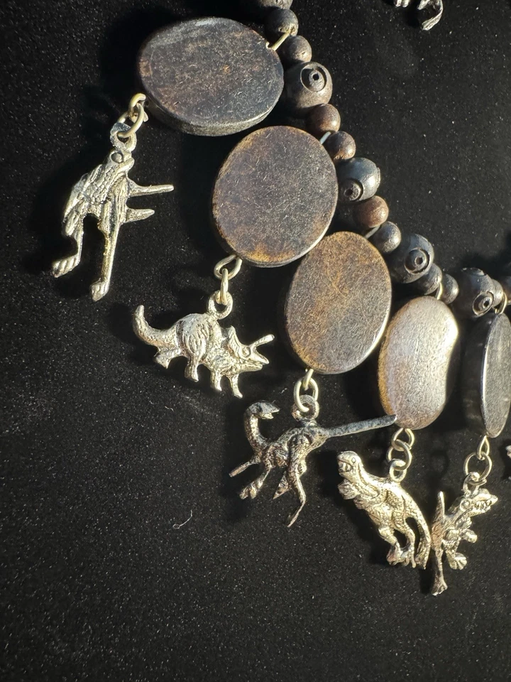 Unique VTG Wood And Pewter Dinosaur Statement Necklace And Dangle Earring Set - Image 2 of 4