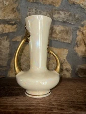 VTG MCM Pearl China Co. Iridescent 7.5" H Vase 22 kt. Gold Handles