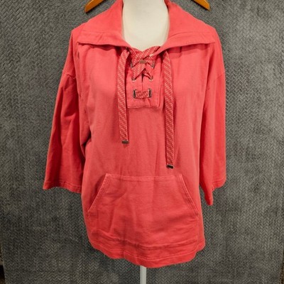 Ruby Rd Womens Coral Pink Lace Up French Terry Pullover Top 3/4 Sleeve Large