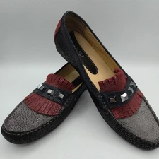 VANELI Womens Rumble Loafers 10N Burgundy Black Grey Leather Fringe Studded