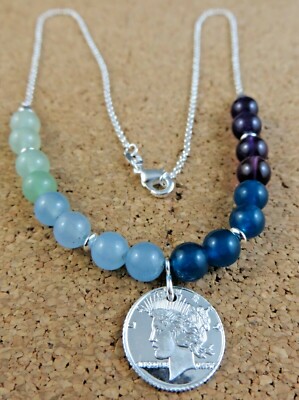 Neu Amethyst Aquamarin + Sterlingsilber Halskette Mini Peace Dollar Charm #991
