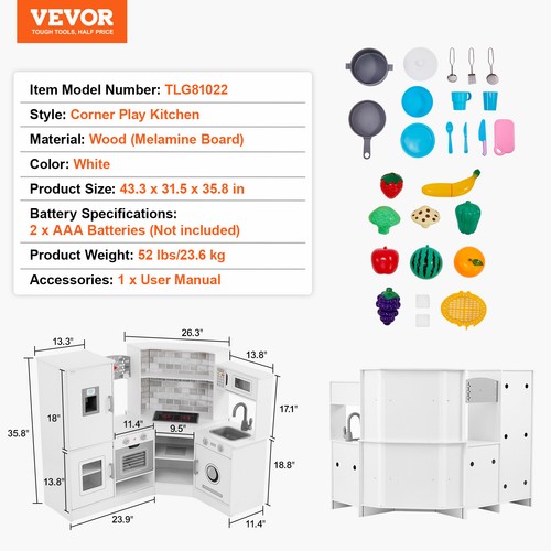 VEVOR Kitchen Playset Kids Pretend Cooking Play Toy 24 Piece Accessories White - Picture 7 of 12