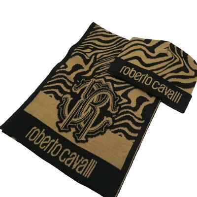 Roberto Cavalli 2-Piece Abstract Wool Blend Scarf And Beanie Set With Signature