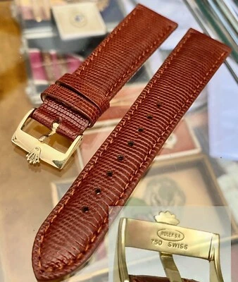 ROLEX Bracelet Montre Serpent Véritable Cognac 19mm Fermoir 16mm Or 18k - Photo 1/4