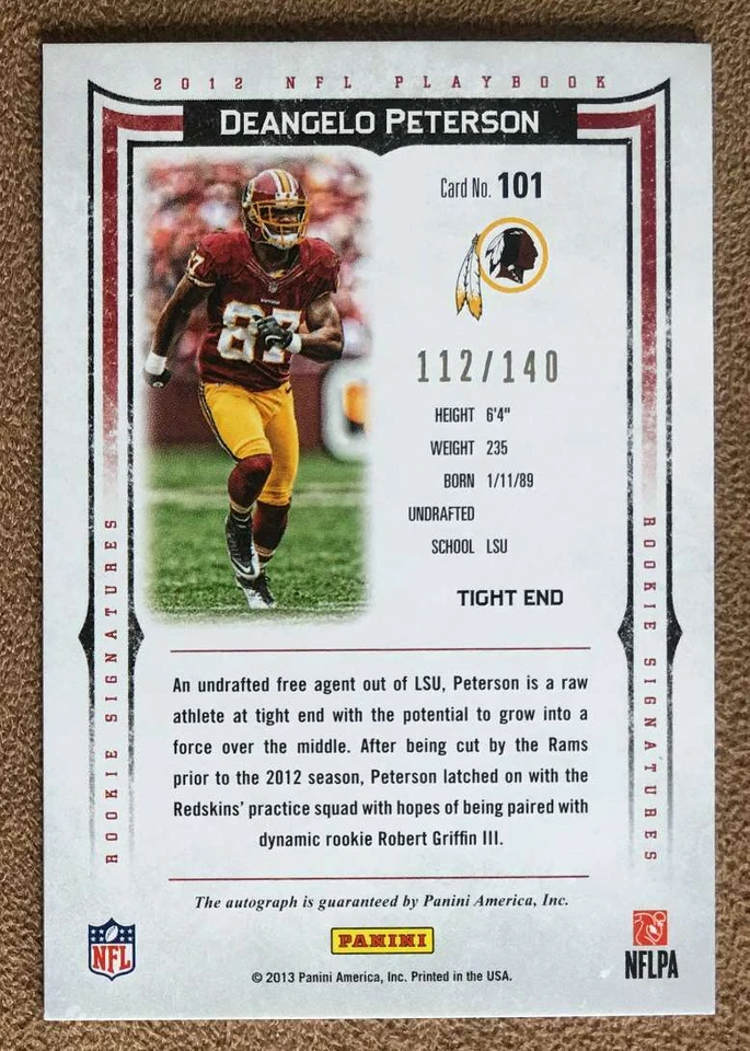 Deangelo Peterson 2013 Panini Playbook Rookie Autograph #101 /140 Redskins Card - Image 2 of 2