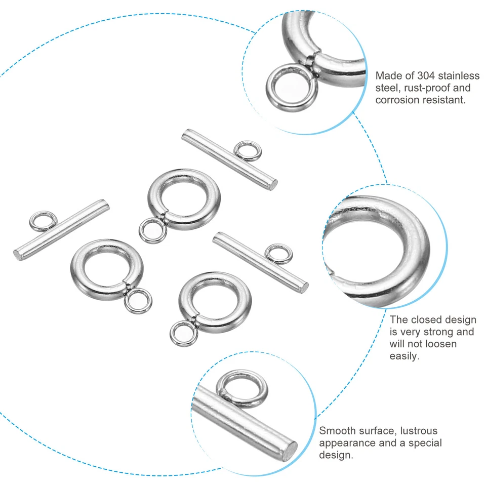 10mm/0.39" Dia Toggle Clasp, 20Set 304 Stainless Steel Round Clasp&T-Bar, Silver - Image 3 of 4