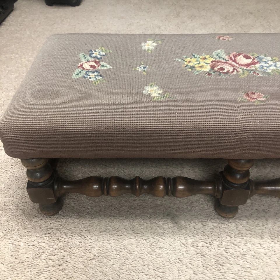 Antique Wood KITTENGER Footstool Ottoman Embroidered Needlepoint Flowers Rare - Image 2 of 4
