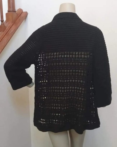 Misses Med Bust 33" Black Crochet Filigree Open Front Jacket 3/4 Sleeve Coverup - Picture 3 of 5