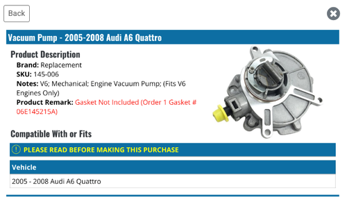 Power Brake Booster Vacuum Pump For 2005-2008 Audi A6 Quattro V6 - Picture 3 of 3