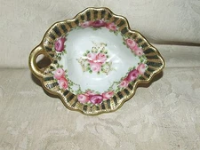 Antique Hand Painted NIPPON Handled Leaf Gilt Bead BOWL Green Maple Leaf Mark