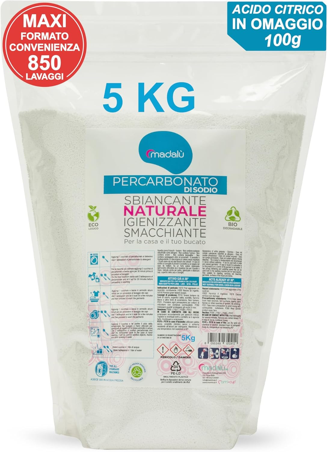 Smacchiatore Bucato Naturale 5 Kg Percarbonato di Sodio 850 Lavaggi