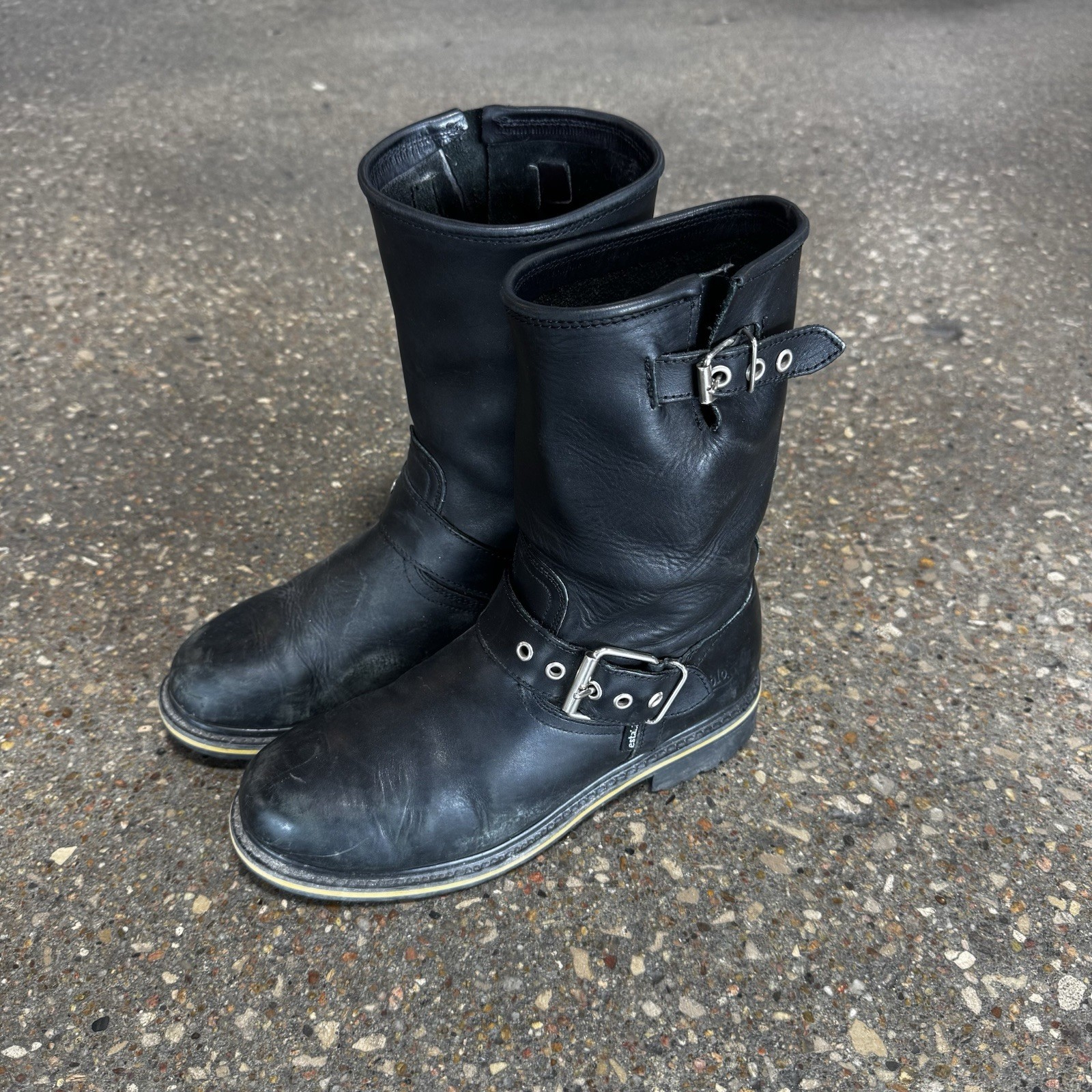 Establo Boots Mens Engineer Buckle Biker Black Leather Pull On Size 9.5 US