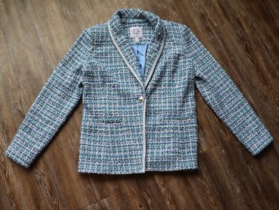 Isaac Mizrahi Coastal Blue Boucle Tweed Blazer Jacket Metallic Trim Womens Small