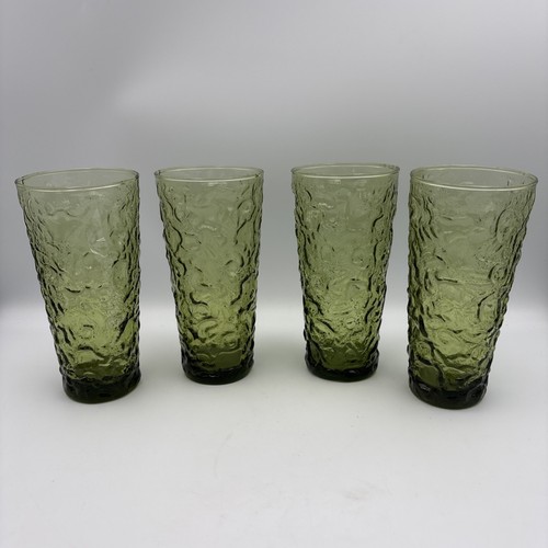 Vtg Anchor Hocking Milano Lido Crinkle Avocado Green Glass 12oz Set 4 Tumblers