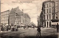Postcard NY Utica Busy Corner early trolley street scene 1907