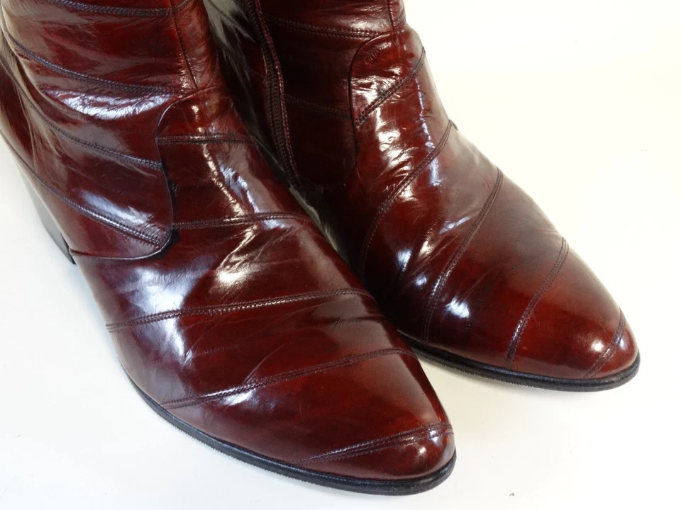 Los Altos 勃艮第异国情调皮革礼服踝靴尖头侧拉链 12 D — 第 3/4 张图片