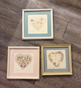 Set of 3 Vintage 1990 Framed Pressed Wildflower Botanical Heart Art Handmade