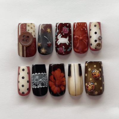48pcs Short Square Press on Nails, Vintage Plaid Button Rabbit 3D Cottage Nails
