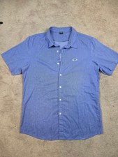 Oakley Men L Blue white logo Regular Fit Button Up Short Sleeve Shirt