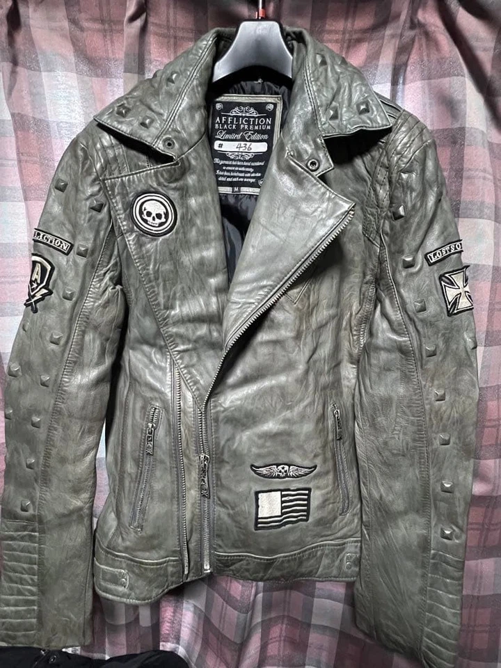 Chaqueta Affliction Cuero Rider M Vintage Gris Usado Estilo Colección Foto 2 de 4