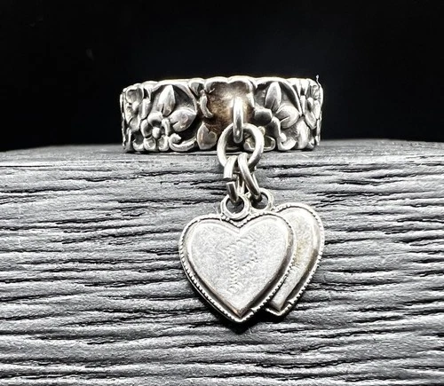 Antique Sterling Silver Sweetheart Floral Dangle Heart Charm Ring Uncas Size 7.5