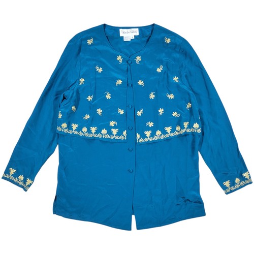 Diane von Furstenberg, Vintage Diane Von Furstenberg Top Womens M Teal Silk Blouse Gold Embroidered 90s