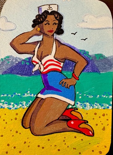 ACEO Original Pinup Sailor On Beach Acrylic on Paper 2.5x3.5 by BrieMcDoodles