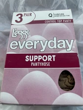 L'eggs Everyday Support Pantyhose Reinforced Toe SUNTAN Size Q 3 Pair PACK NIB