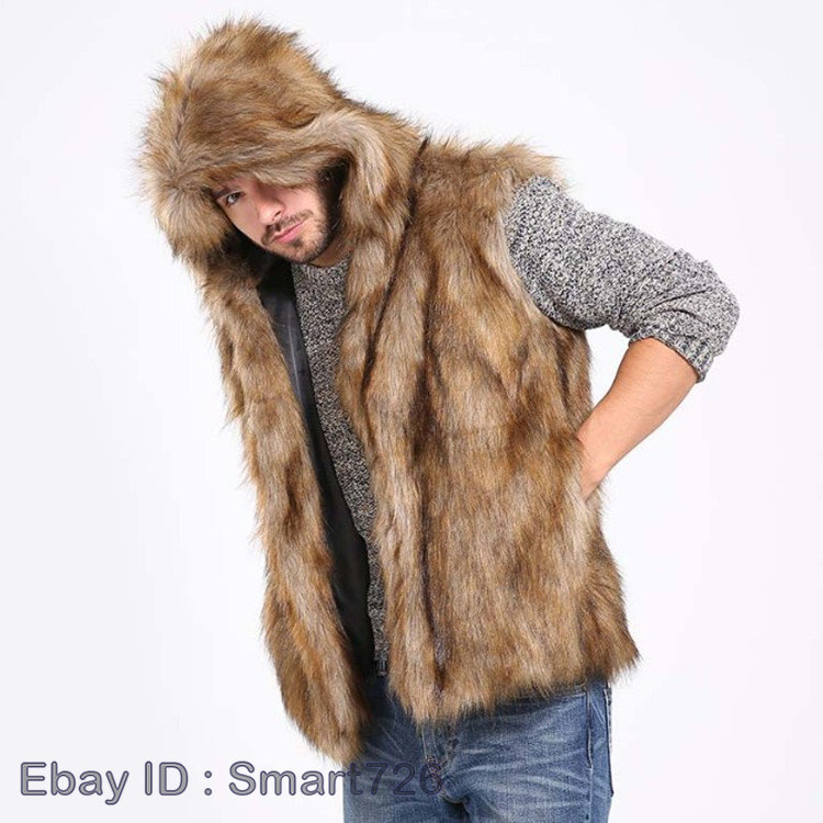 Mens Faux Fur Hooded Vest Sleeveless Winter Warm Waistcoat Coat