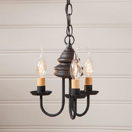 CANDELABRO 3 VELAS MADERA Y METAL Primitivo Colonial Lámpara de Techo Candelabro EE. UU. Foto 2 de 4