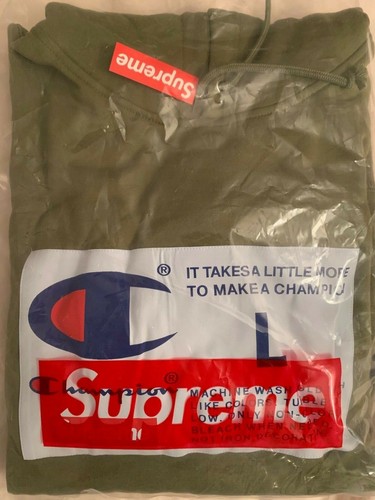 SUPREME CHAMPION Label Hooded Sweatshirt Olive Khaki Size Large Colour New Rare - Picture 3 of 3