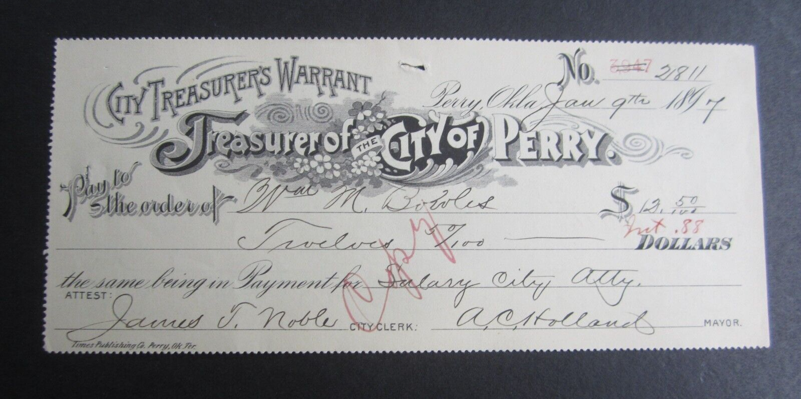 Old 1897 City of PERRY OKLAHOMA Treasurer's WARRANT Document eBay